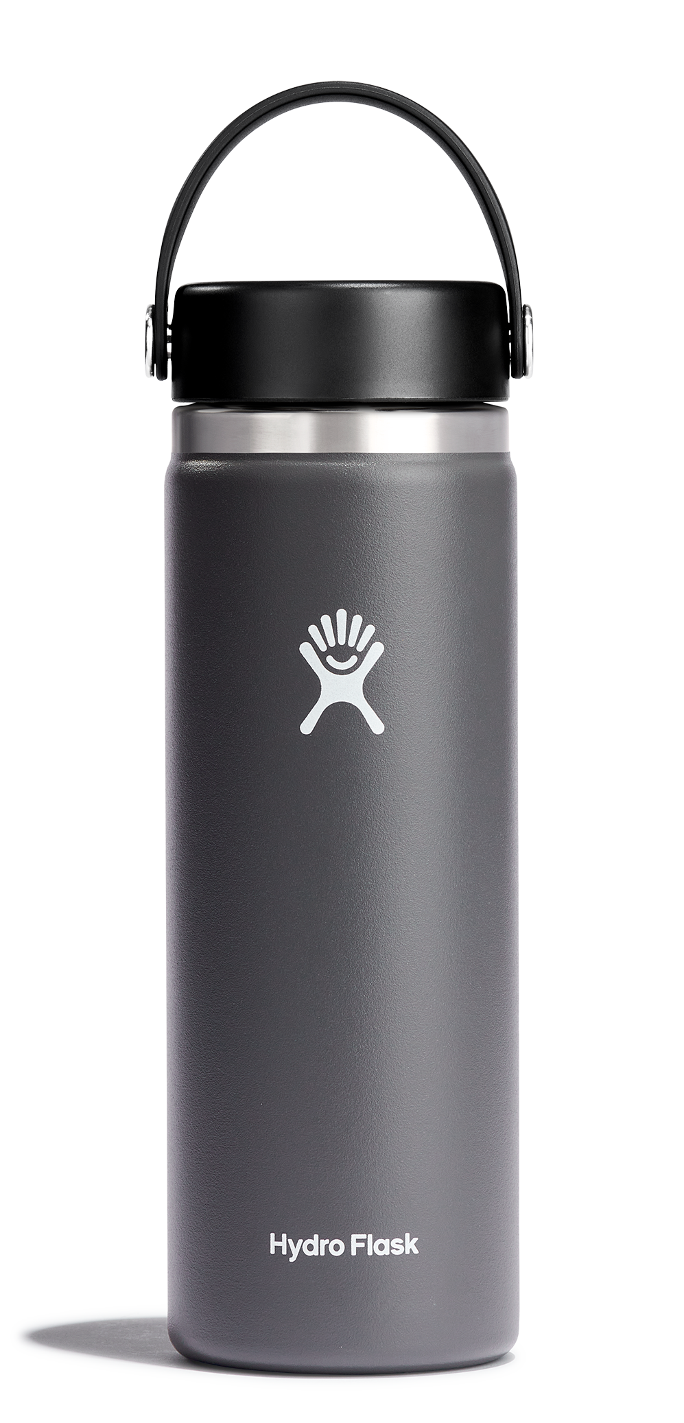 Hydro Flask Wide Mouth Insulated Water Bottle with Flex Cap in gray, designed to keep drinks cold for 24 hours and hot for 12 hours.